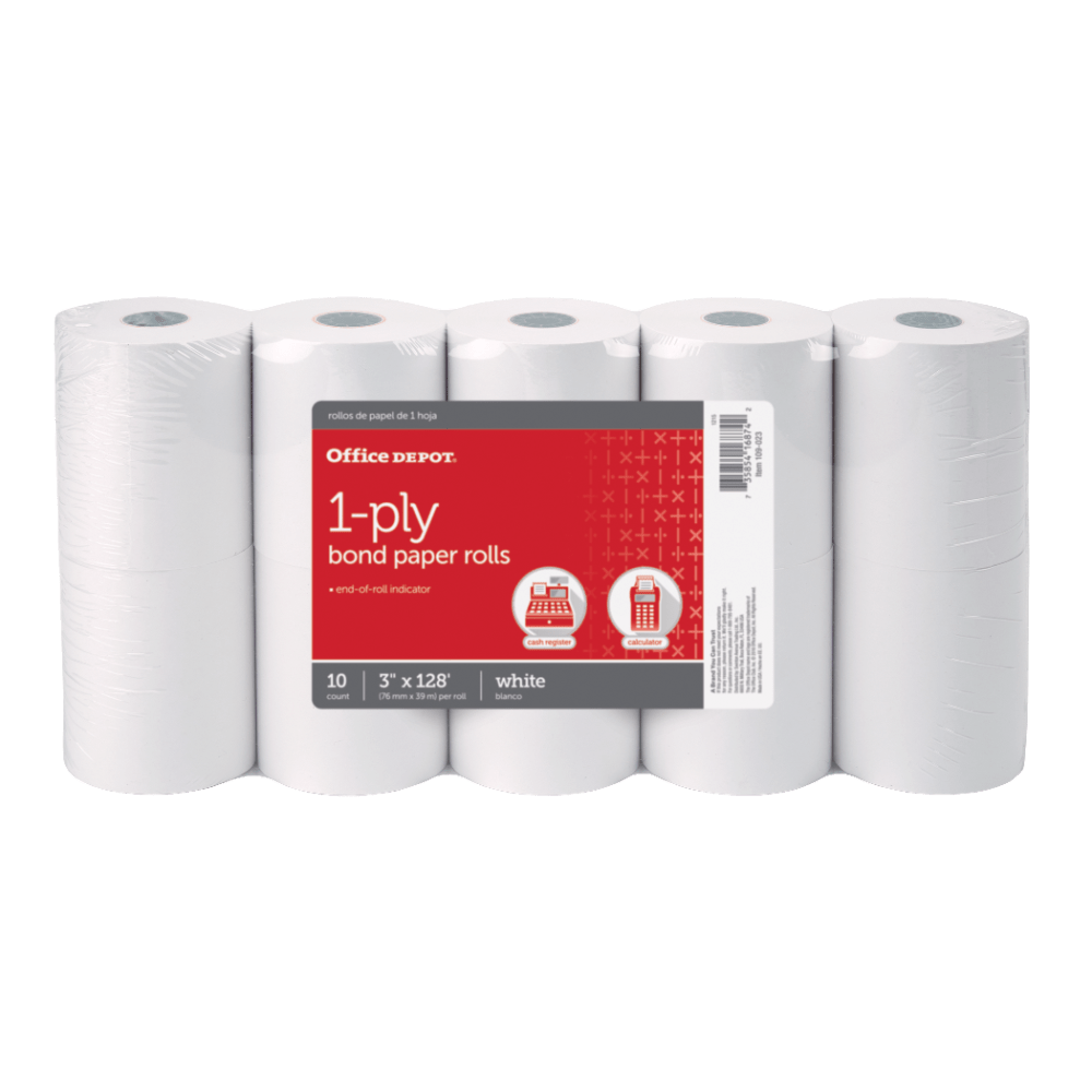 Office Depot Brand 1-Ply Bond Paper Rolls, 3in x 128ft, White, Pack Of 10