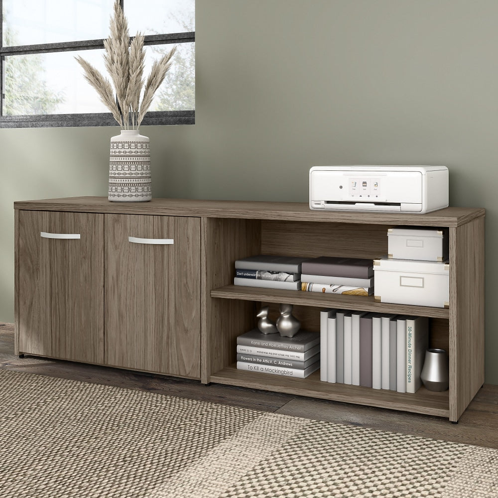 Bush Business Furniture Hybrid Low Storage Cabinet With Doors And Shelves, 21-1/4inH x 59-3/16inW x 15-3/4inD, Modern Hickory, Standard Delivery