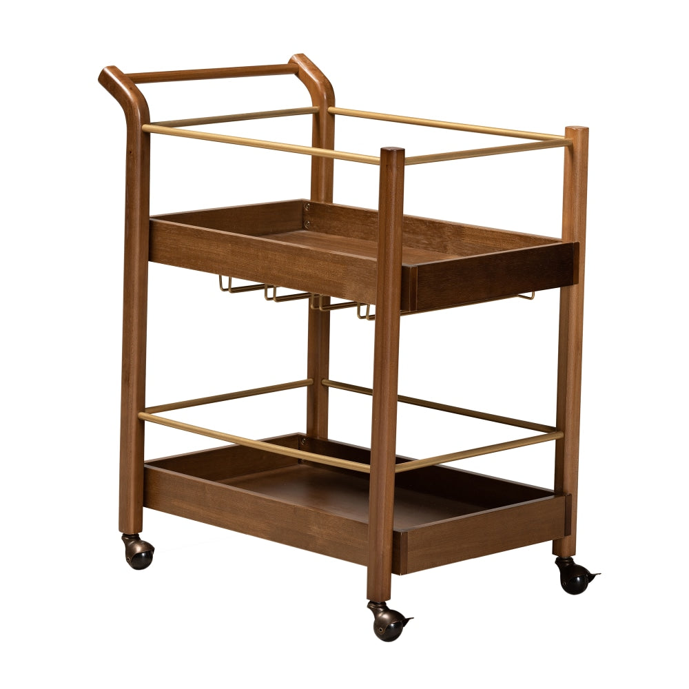 Baxton Studio Tahir 2-Tier Mobile Bar Cart, 34in x 32-1/8in, Walnut Brown/Dark Bronze