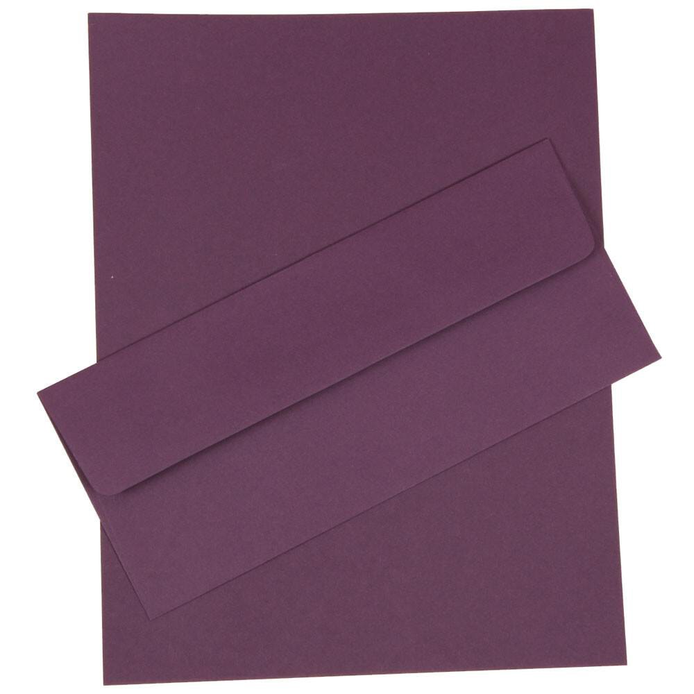 JAM Paper Business Stationery Set, 8 1/2in x 11in, Dark Purple, Set Of 50 Sheets And 50 Envelopes