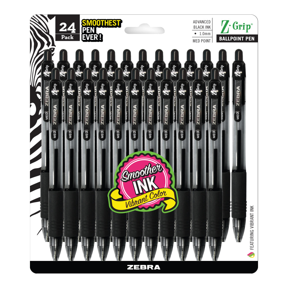 Zebra Pen Z-Grip Retractable Ballpoint Pens, Pack Of 24, Medium Point, 1.0 mm, Clear Barrel, Black Ink