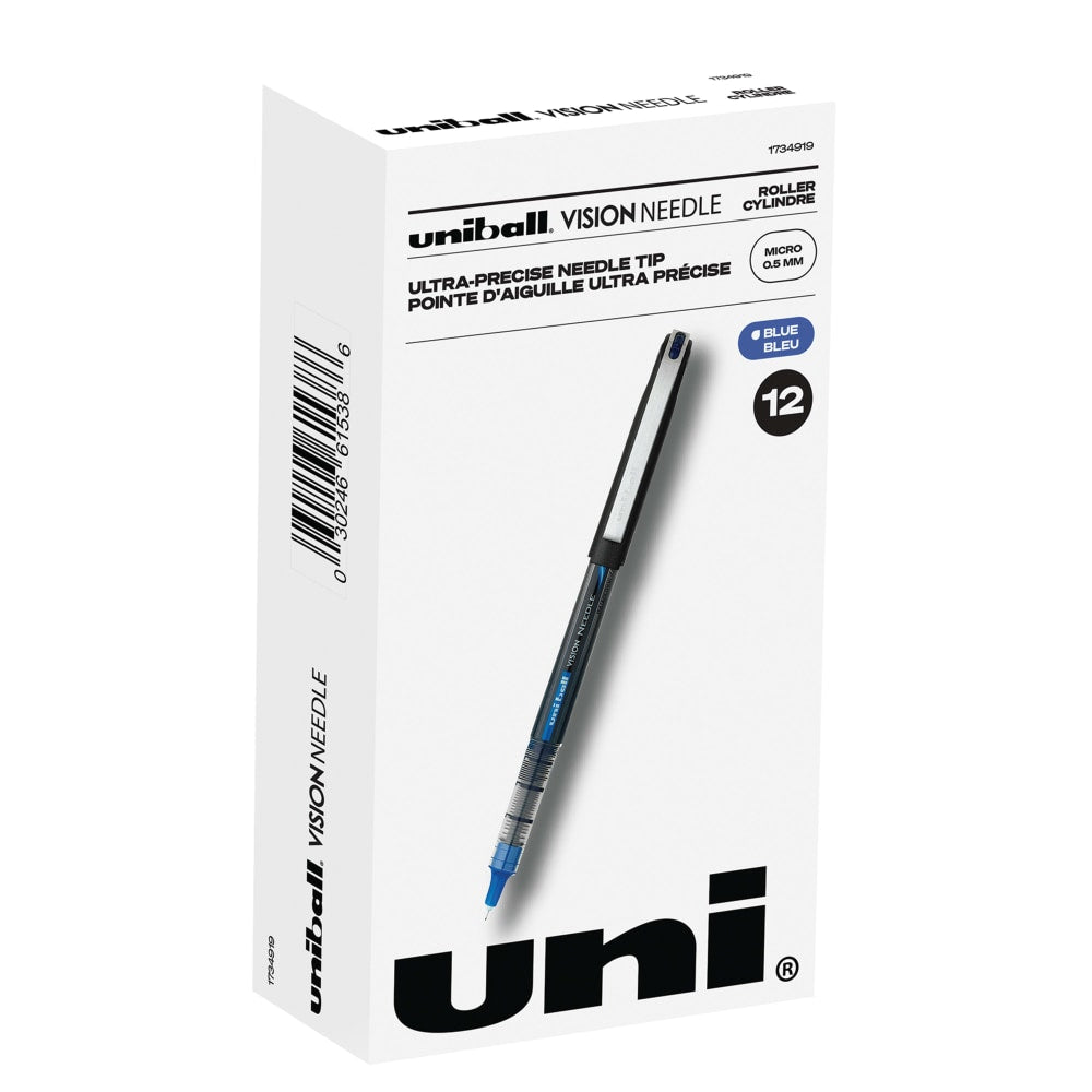 uni-ball Vision Needle Liquid Ink Rollerball Pens, Micro Point, 0.5 mm, Black Barrel, Blue Ink, Pack Of 12