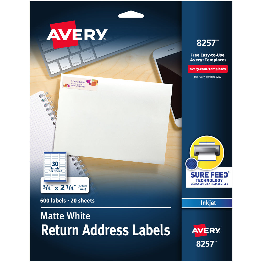 Avery Return Address Label With Sure Feed Technology, 8257, Rectangle, 3/4in x 2-1/4in, White, Pack Of 600 Labels