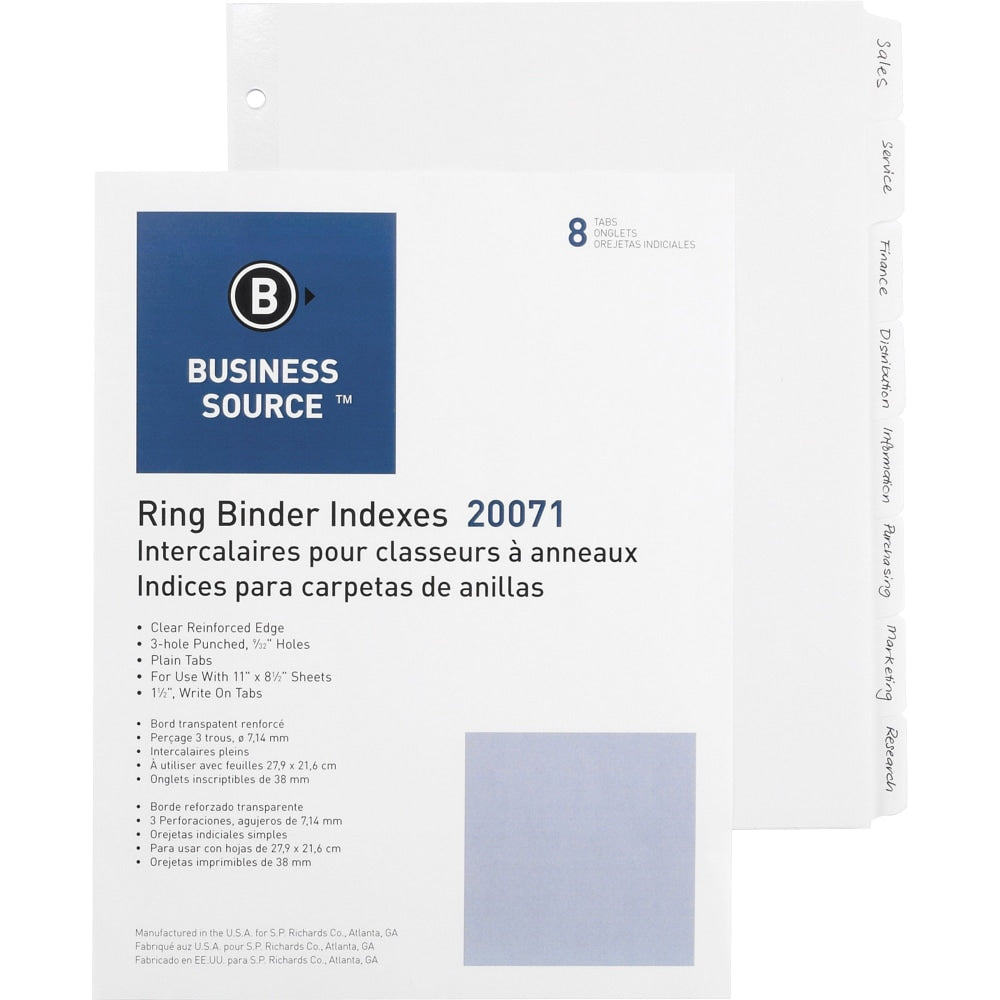 Business Source 3-Ring Plain Tab Indexes - 8 Write-on Tab(s)1.25in Tab Width - 8.5in Divider Width x 11in Divider Length - Letter - 3 Hole Punched - White Divider - 100 / Box