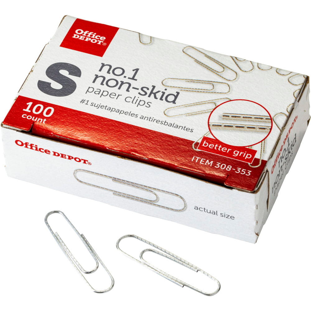 Office Depot Brand Non-Skid Paper Clips, No. 1, Small, Silver, Pack Of 5 Boxes, 100 Per Box, 500 Total