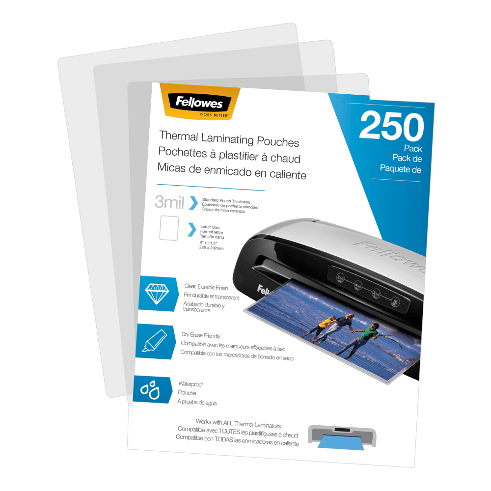 Fellowes Thermal Laminating Pouches, Letter Size, 3 Mil, 9in x 11-1/2in, Ultra-Clear, Pack of 250 Pouches