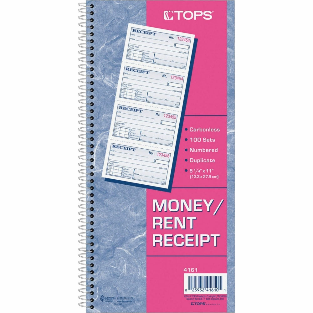 TOPS Money/Rent Receipt Book, 2-Part, Carbonless, 11in x 5 1/4in, White/Canary