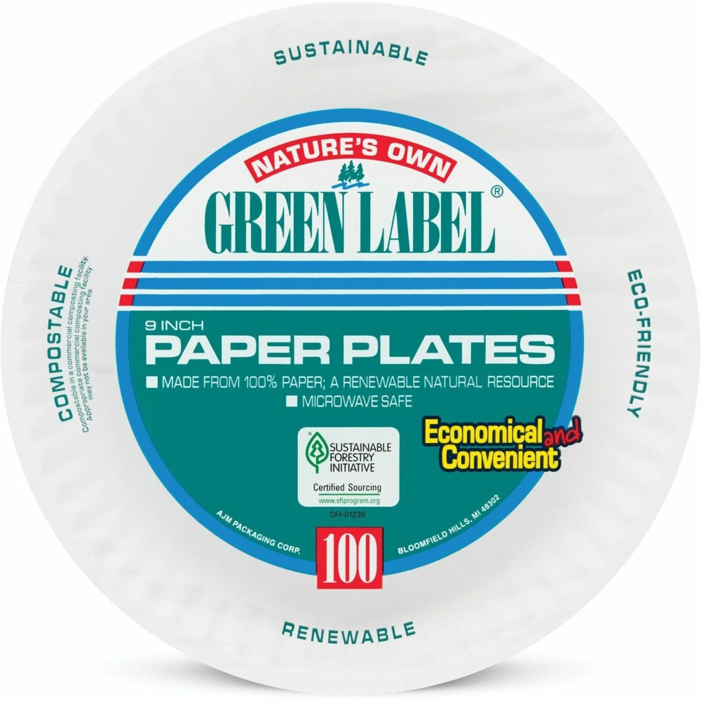 AJM Packaging Green Label Paper Plates, 9in, White, 100 Plates Per Pack, Case Of 10 Packs