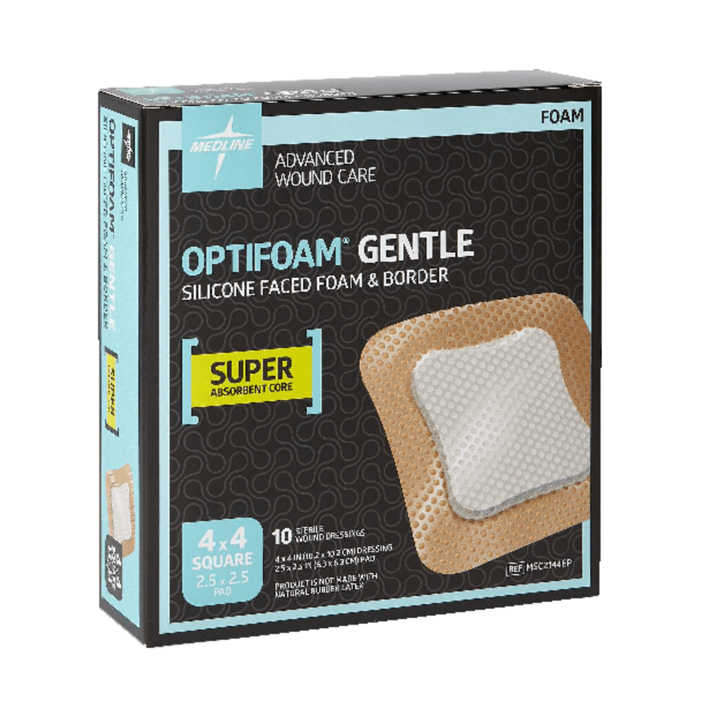 Medline Optifoam Gentle Silicone-Faced Foam & Border Dressings, 4in x 4in, Natural, Case Of 100