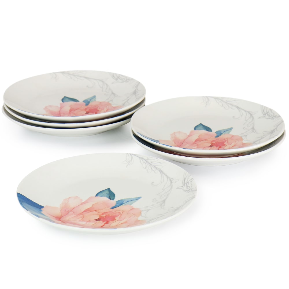 Martha Stewart Fine Ceramic 6-Piece Floral Decorated Dessert Plate Set, 8in, Pink/White