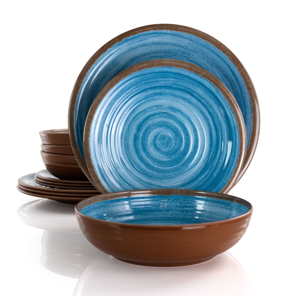 Elama Rippled Tides 12-Piece Dinnerware Set, Blue/Brown