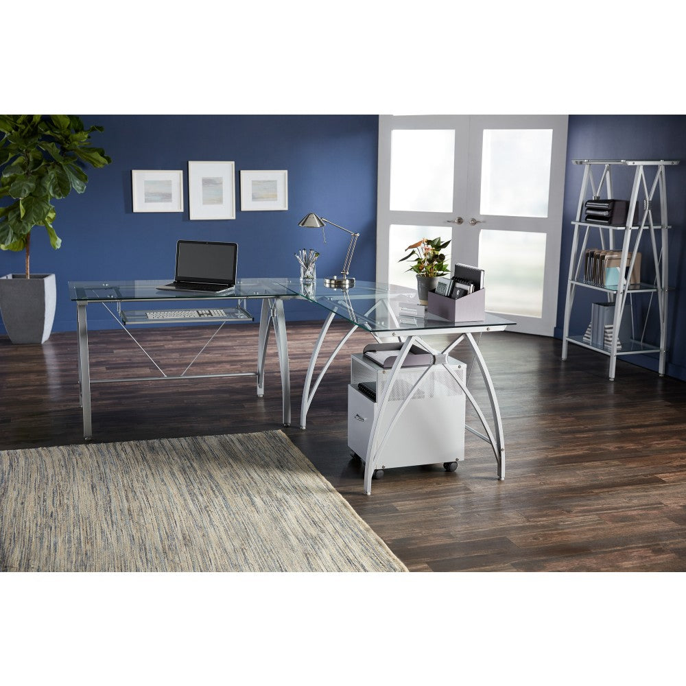 Realspace Vista Glass 76inW L-Shape Corner Desk, Silver