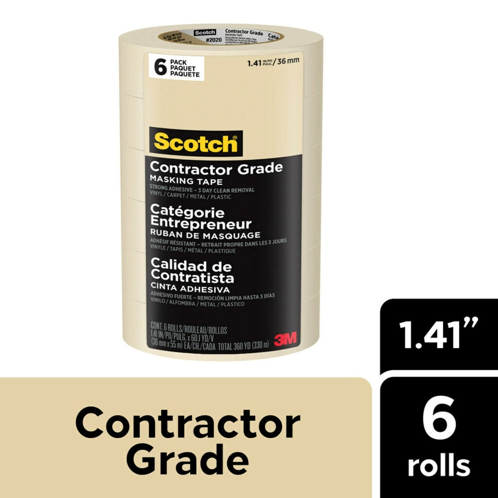 Scotch Contractor-Grade Masking Tape, Removable, 1.41in x 60.1 Yd., White, Pack Of 6 Rolls