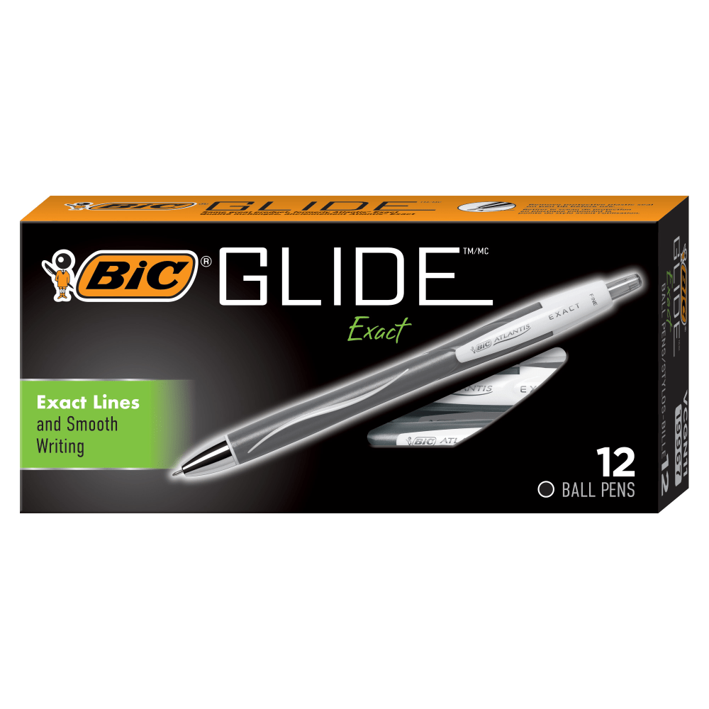 BIC Glide Exact Retractable Ballpoint Pens, Fine Point, 0.7 mm, Gray Barrel, Black Ink, Pack Of 12 Pens