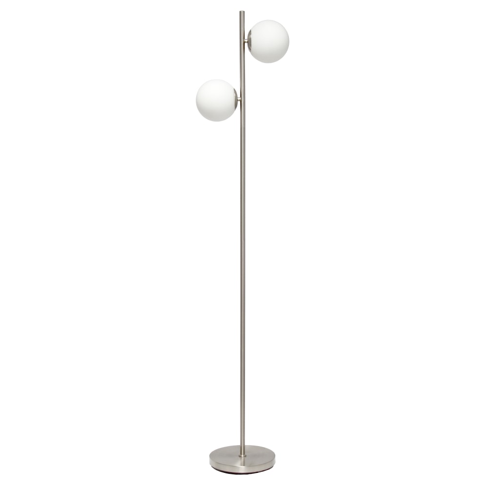 Simple Designs Tree Floor Lamp With Dual White Glass Globe Shades, 66inH, White Shades/Brushed Nickel Base