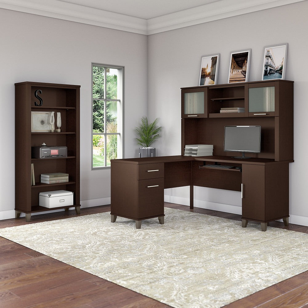 Bush Furniture Somerset L Shaped Desk With Hutch And 5 Shelf Bookcase, 60inW, Mocha Cherry, Standard Delivery