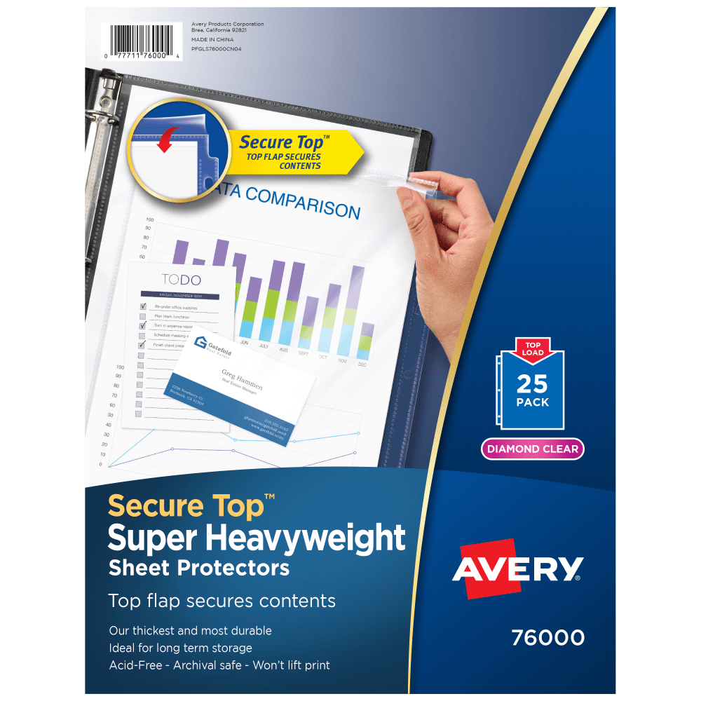 Avery Secure-Top Sheet Protectors, Super Heavyweight, Diamond Clear, Pack Of 25