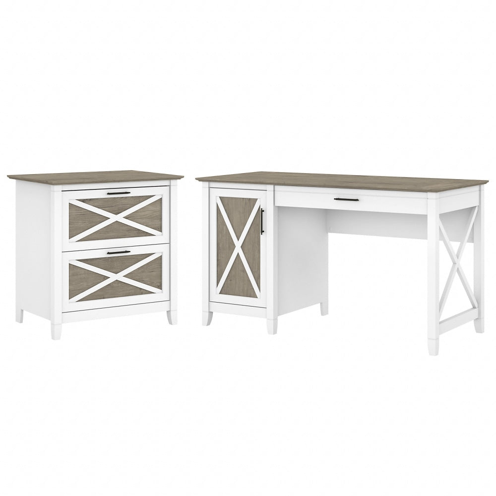 Bush Furniture Key West 54inW Computer Desk With Storage And 2-Drawer Lateral File Cabinet, Shiplap Gray/Pure White, Standard Delivery