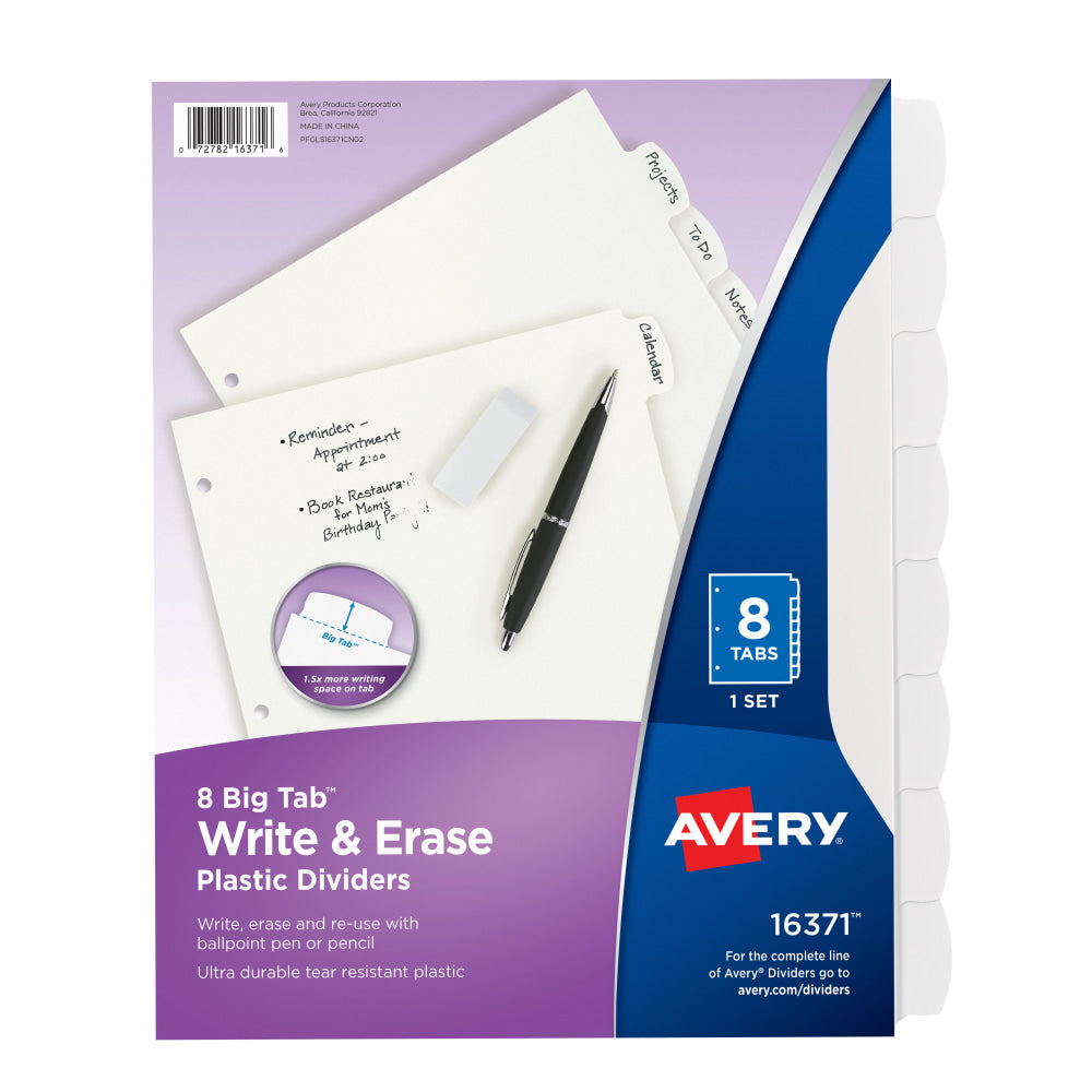 Avery Durable Write-On Plastic Dividers With Erasable Tabs, 8 1/2in x 11in, White, 8 Tabs