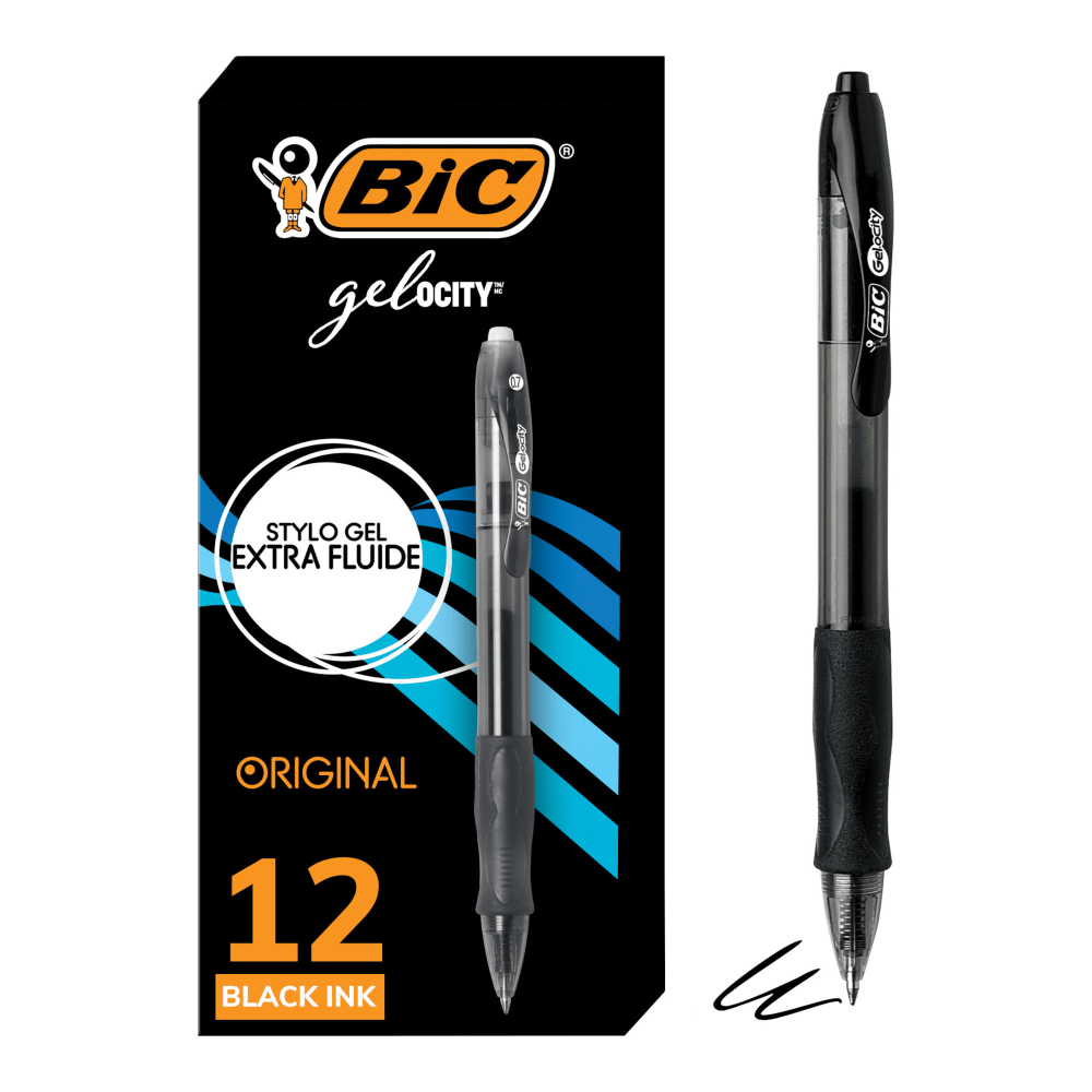 BIC Gel-ocity Original Long Lasting Retractable Gel Pens, Medium Point, 0.7 mm, Black Barrel, Black Ink, Pack Of 12