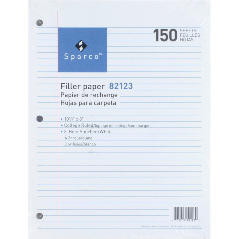 Sparco 3HP Notebook Filler Paper - 1800 Sheets - College Ruled - 16 lb Basis Weight - 8in x 10 1/2in - White Paper - 1800 / Bundle