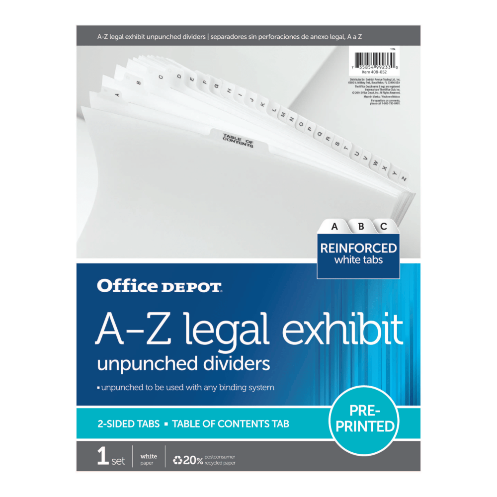 Office Depot Brand Legal Index Exhibit Unpunched Dividers With Laminated Tabs, Black/White, A-Z