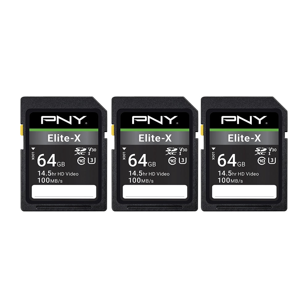 PNY Elite-X Class 10 U3 V30 100 Mbps SDXC Flash Memory Cards, 64GB, Pack Of 3 Memory Cards