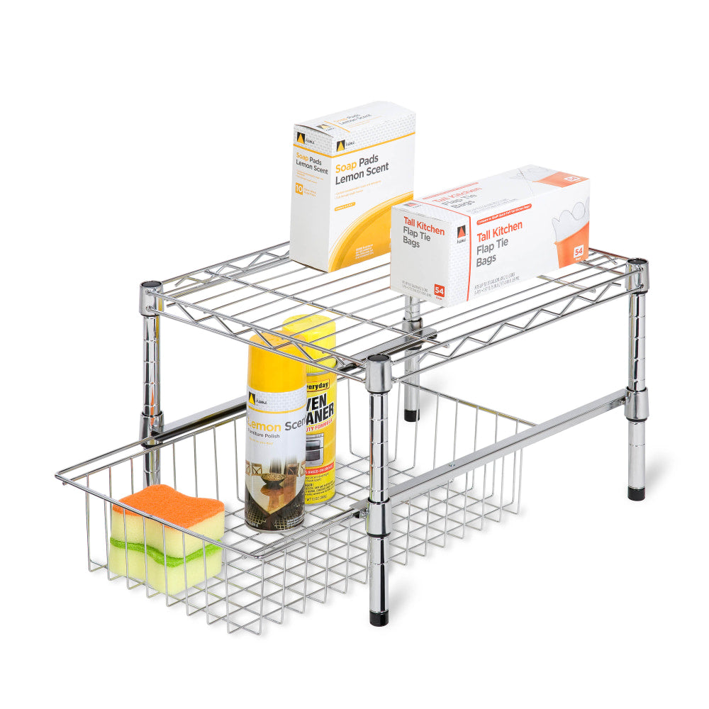 Honey-Can-Do Adjustable Cabinet Organizer With Shelf And Basket, 10 1/2inH x 11 3/4inW x 17 1/2inD, Chrome