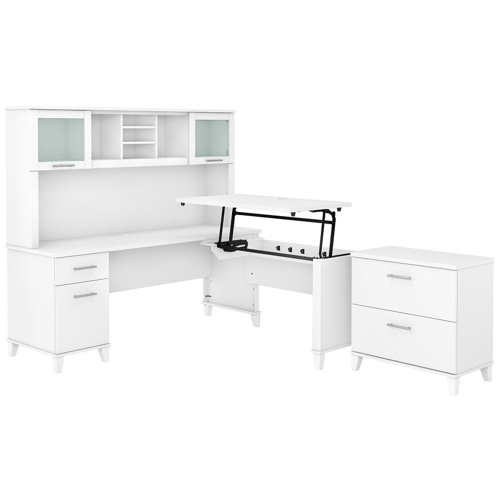 Bush Furniture Somerset 72inW 3-Position Sit-To-Stand L-Shaped Desk With Hutch And File Cabinet, White, Standard Delivery