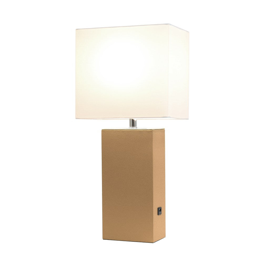 Elegant Designs Modern Leather/Fabric Desk Lamp With USB Port, 21inH, White Shade/Beige Base