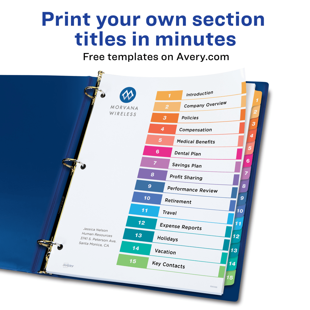 Avery Ready Index 1-15 Tab Binder Dividers With Customizable Table Of Contents, 8-1/2in x 11in, 15 Tab, White/Multicolor, Pack Of 3 Sets