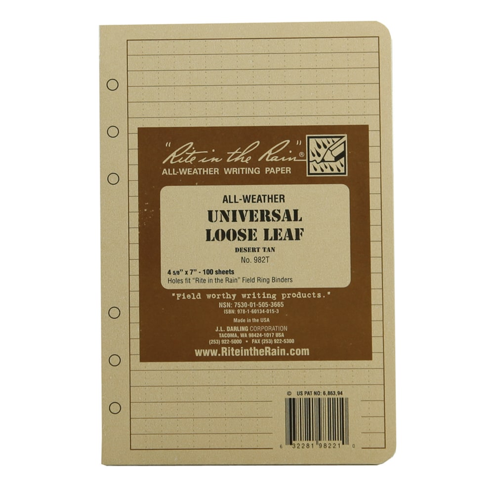 Rite in the Rain Tactical Loose Leaf Sheets, 4 5/8in x 7in, Tan, Pack Of 100 Sheets