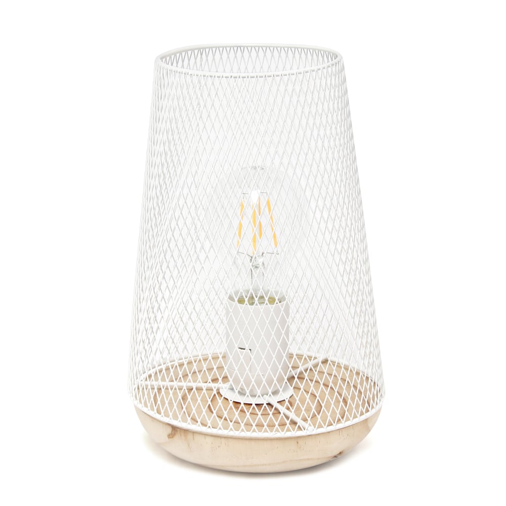 Simple Designs Wired Mesh Uplight Table Lamp, 9inH, White Shade/Natural Wood Base