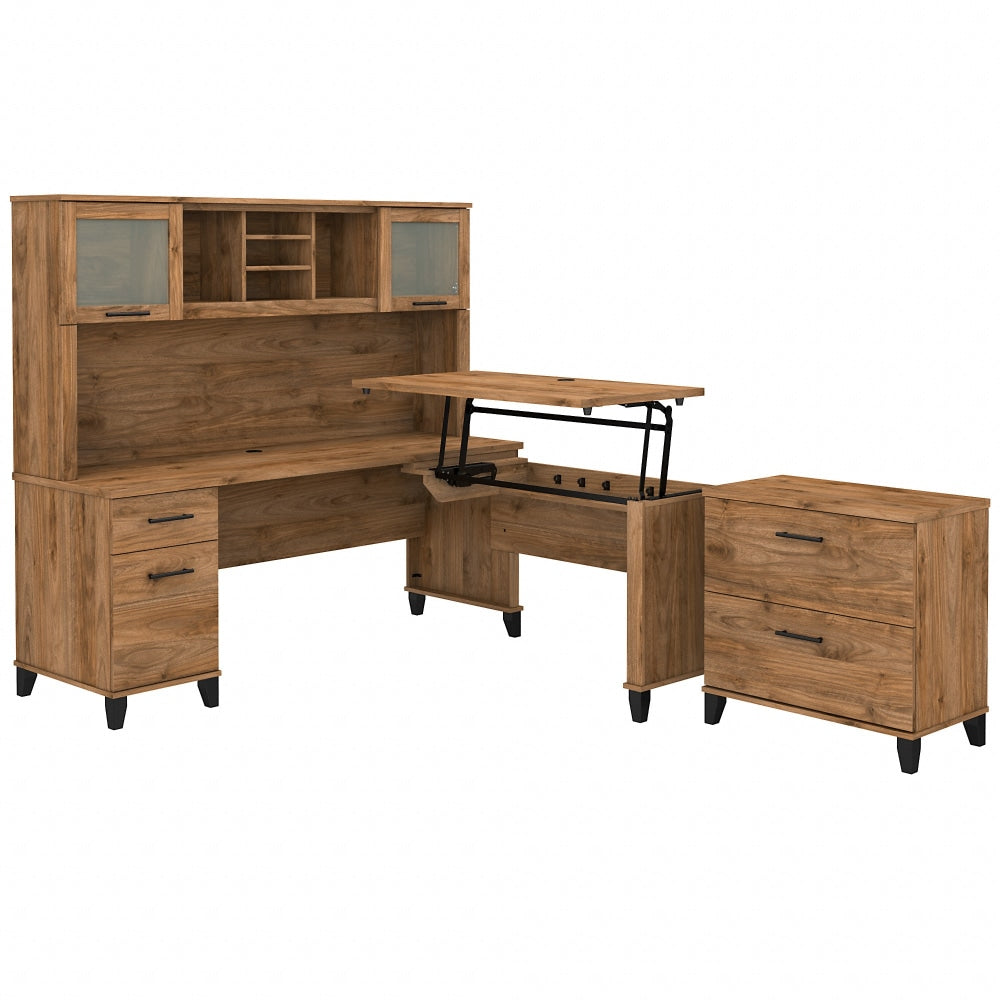 Bush Furniture Somerset 72inW 3-Position Sit-to-Stand L-Shaped Desk With Hutch And File Cabinet, Fresh Walnut, Standard Delivery