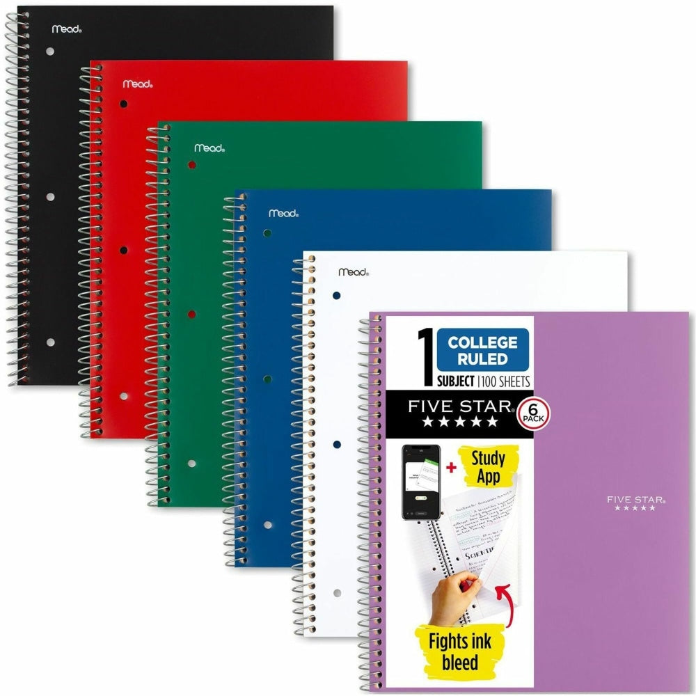 Mead Five Star Spiral Notebooks, 1 Subject, College Ruled, 100 Sheets, Assorted, Pack Of 6