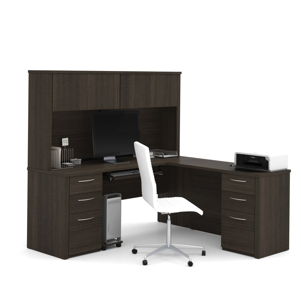 Bestar Embassy 72inW L-Shaped Corner Desk With Hutch And 2 Pedestals, Dark Chocolate