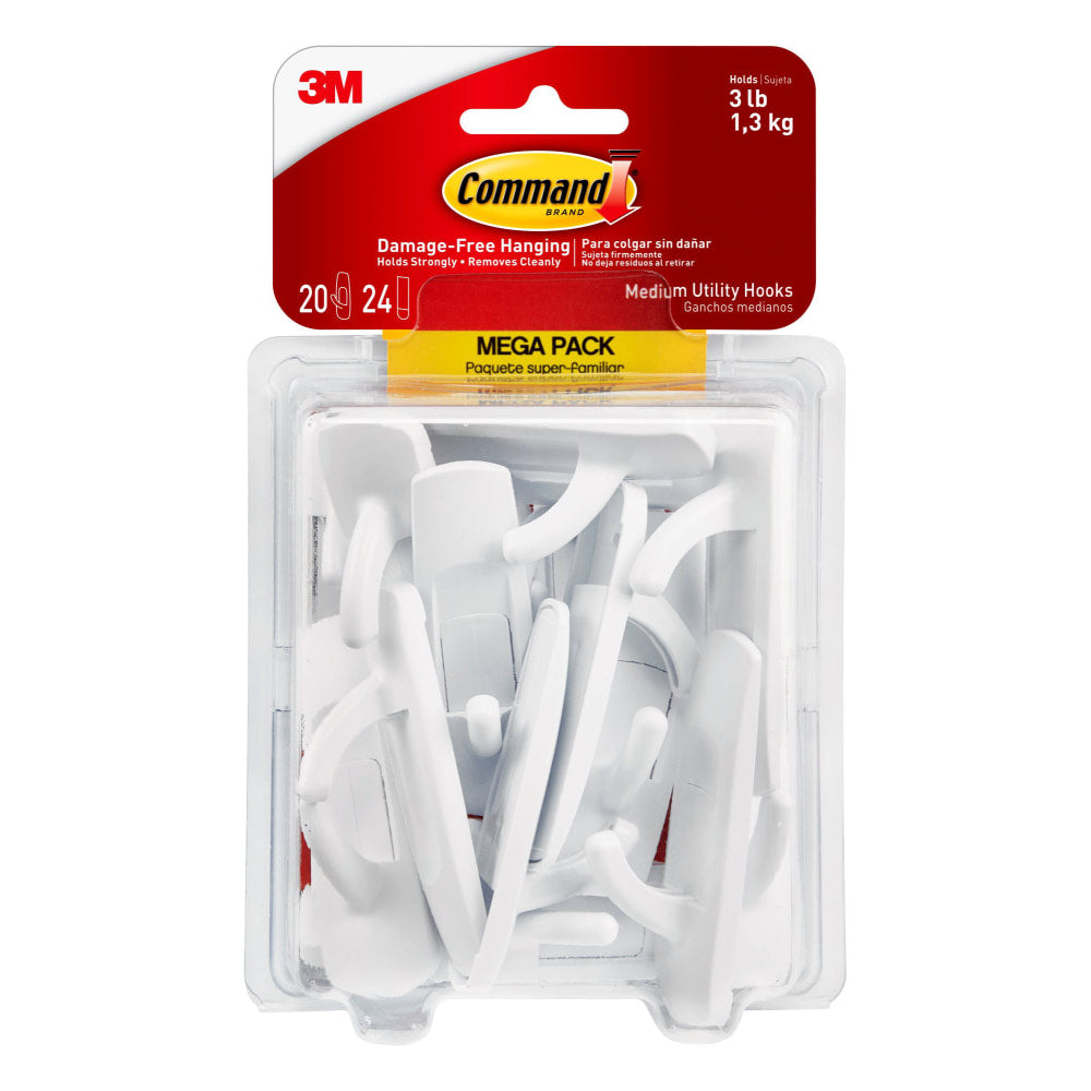 Command Medium Utility Hooks, White, 20 Command Hooks, 24 Command Strips, Damage Free Organizing of Dorm Rooms