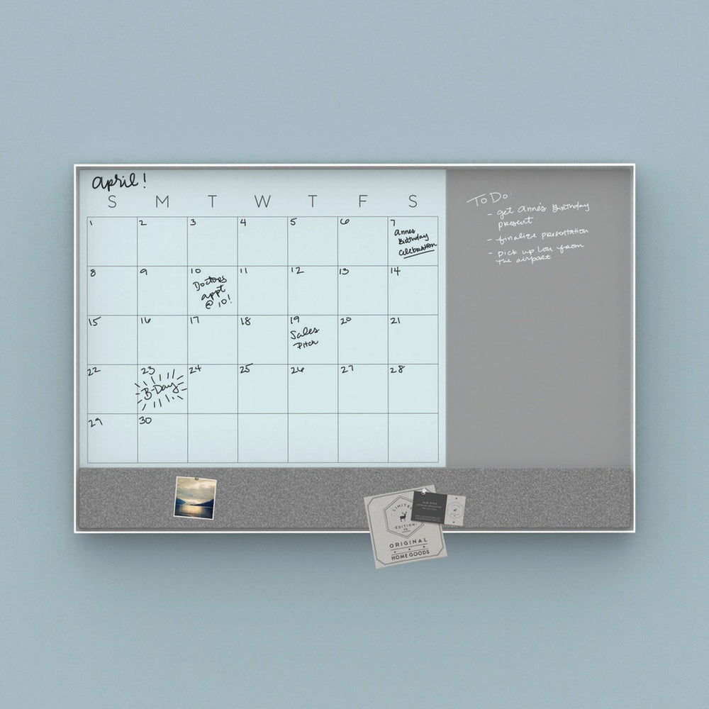 U Brands 3N1 Framed Monthly Calendar White Magnetic Glass Calendar Board with Splits Gray Glass Board and Felt Strip, 23in X 17in, White/Gray Board, White Aluminum Frame