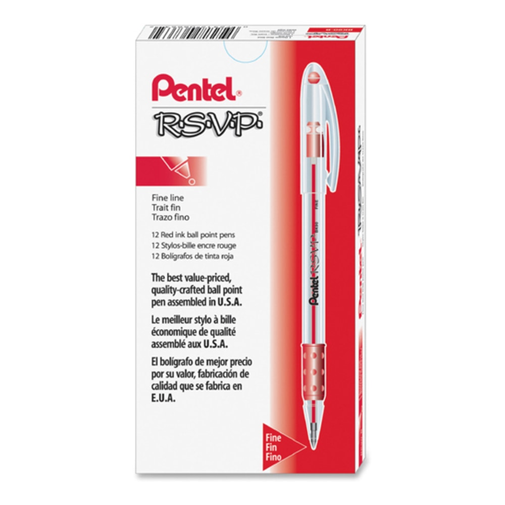 Pentel R.S.V.P. Ballpoint Pens, Fine Point, 0.7 mm, Clear Barrel, Red Ink, Pack Of 12