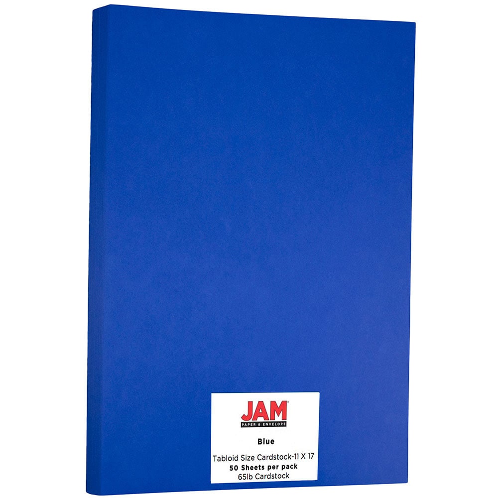 JAM Paper Card Stock, Presidential Blue, Ledger (11in x 17in), 65 Lb, 30% Recycled, Pack Of 50