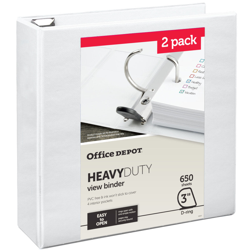 Office Depot Heavy-Duty View 3-Ring Binder, 3in D-Rings, White, 49% Recycled, Pack Of 2