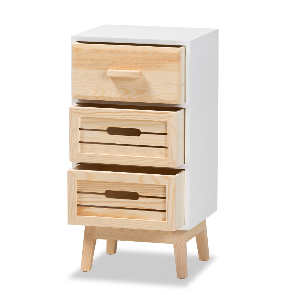 Baxton Studio Kalida 12inW 3-Drawer Storage Cabinet, White/Oak Brown