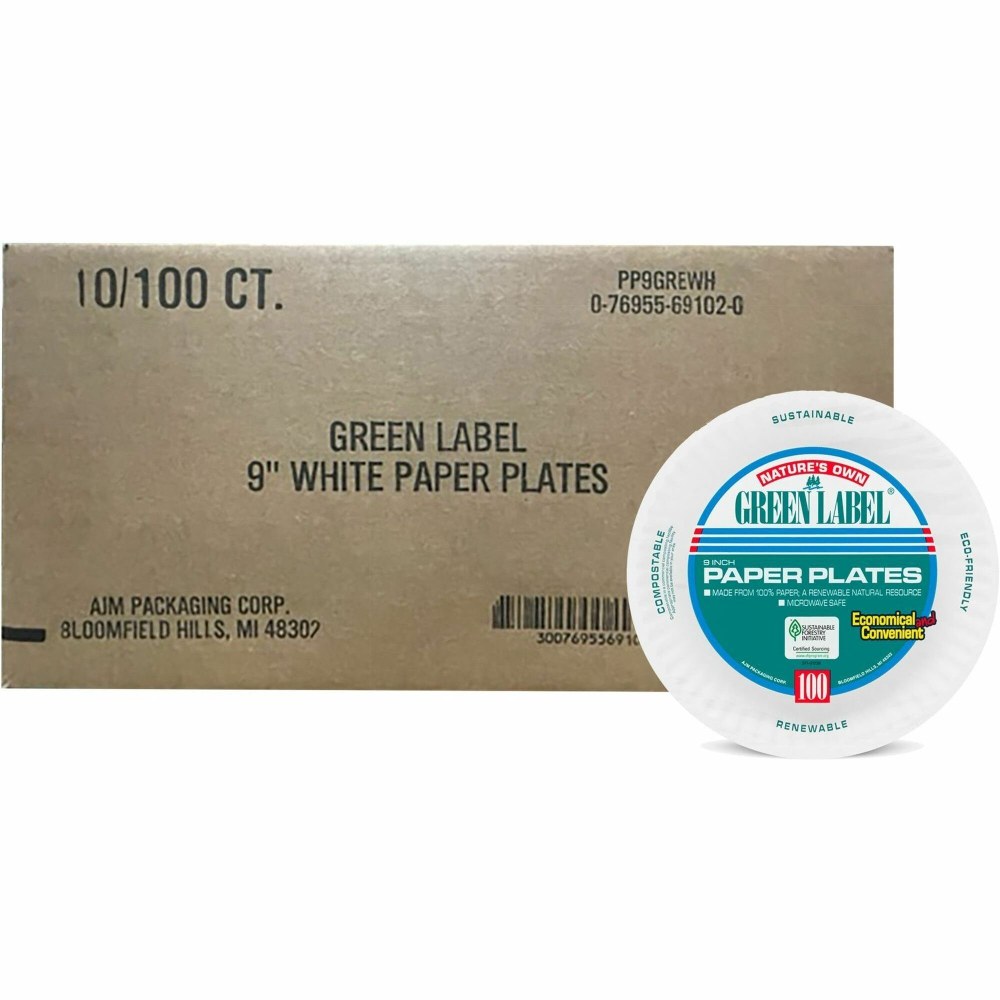 AJM Packaging Green Label Paper Plates, 9in, White, 100 Plates Per Pack, Case Of 10 Packs