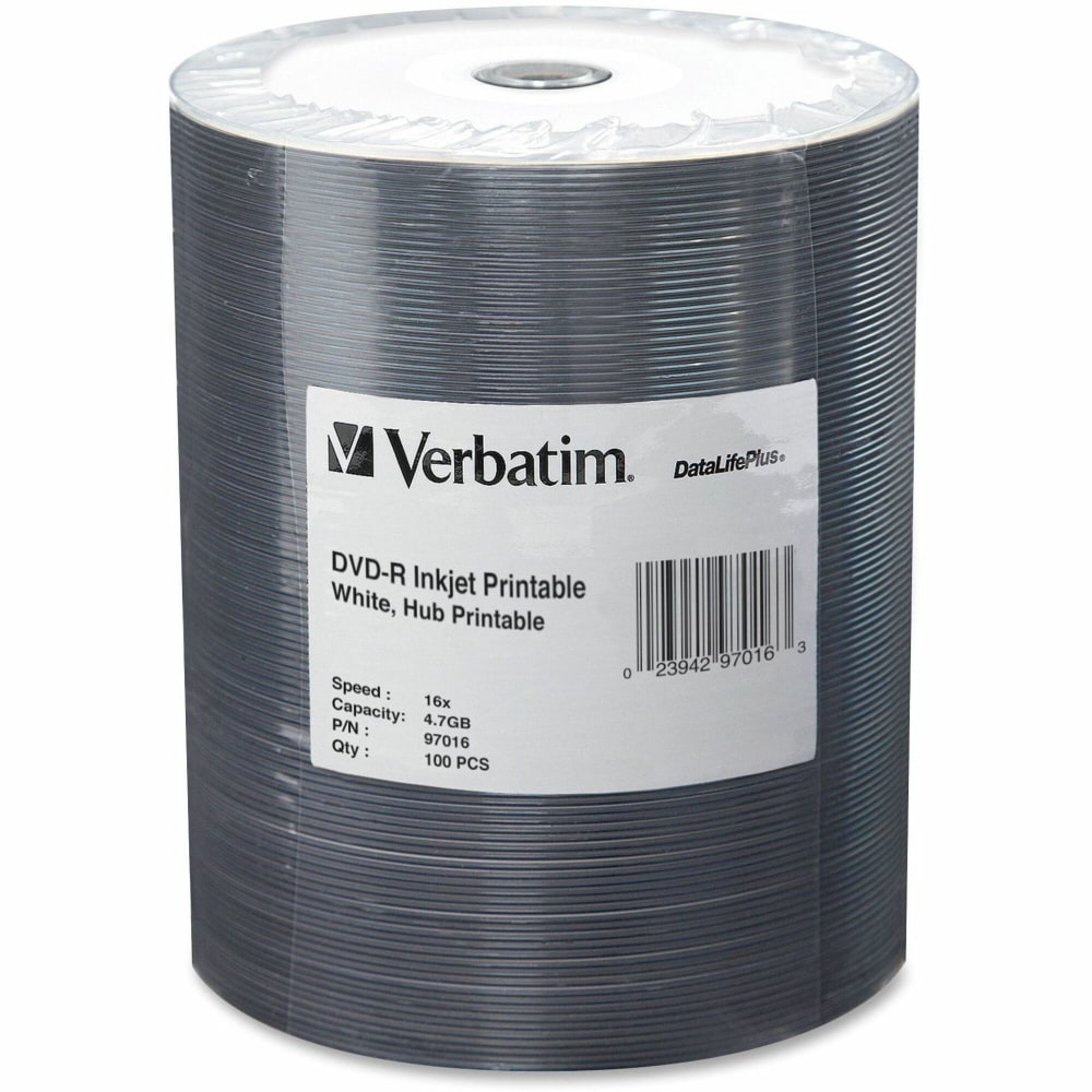 Verbatim DVD-R Printable Disc Spindle, White, Pack Of 100