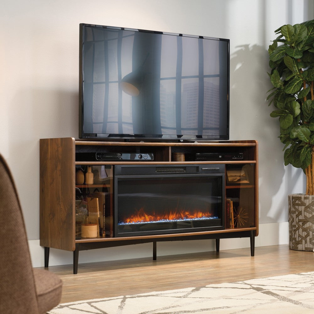 Sauder Harvey Park Entertainment Credenza With Fireplace, Grand Walnut