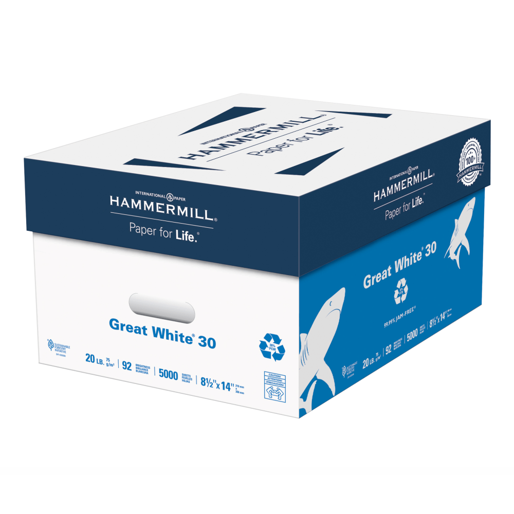 Hammermill Great White Copy Paper, 10 Reams, White, Legal (8.5in x 14in), 5000 Sheets Per Case, 20 Lb, 92 Brightness, 30% Recycled