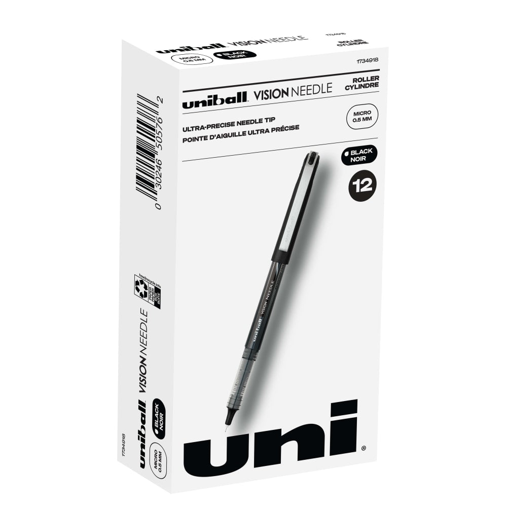 uni-ball Vision Needle Liquid Ink Rollerball Pens, Micro Point, 0.5 mm, Black Barrel, Black Ink, Pack Of 12