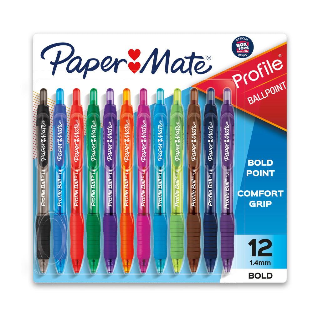 Paper Mate Profile Retractable Ballpoint Pens, Bold Point, 1.4 mm, Assorted Barrels, Assorted Ink Colors, Pack Of 12