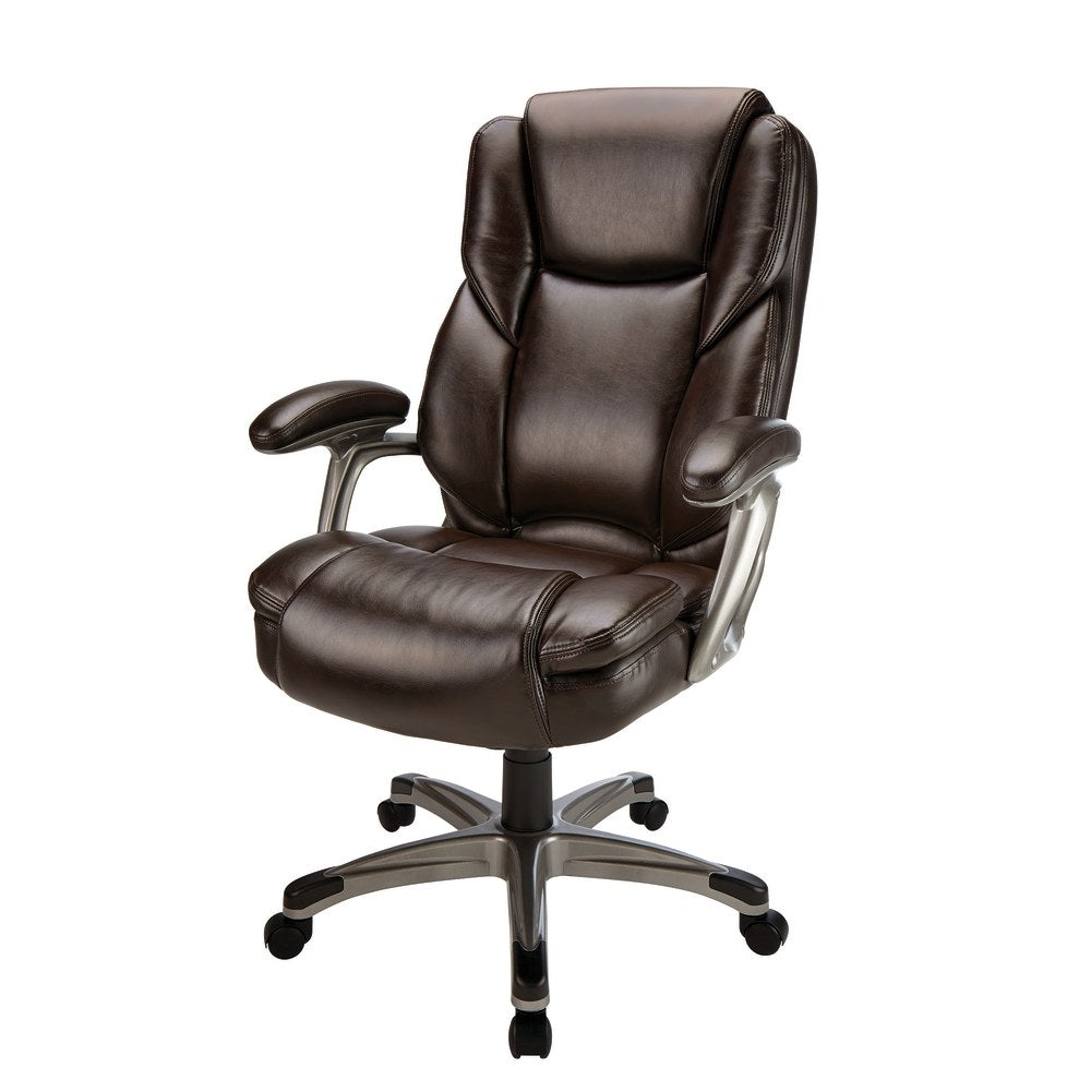 Realspace Cressfield Bonded Leather High-Back Executive Chair, Brown/Silver, BIFMA Compliant