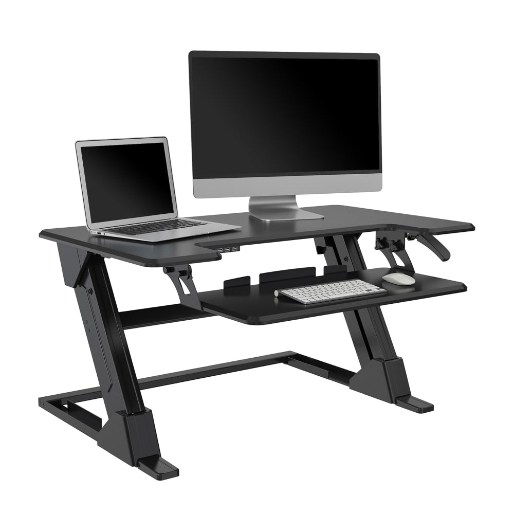 Realspace P20 Standing Desk Converter With USB And Keyboard Tray, 19-3/10inH x 35-2/5inW x 23-1/5inD, Black